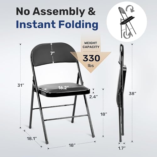 Image of Simple Deluxe Dining Chairs Set of 4, Leather Cushion Foldable Modern Kitchen Side Chair with Padded Back& Metal Legs, Upholstered Dinner Seat Gift for Home /Living Room /Bedroom /Restaurant, Black