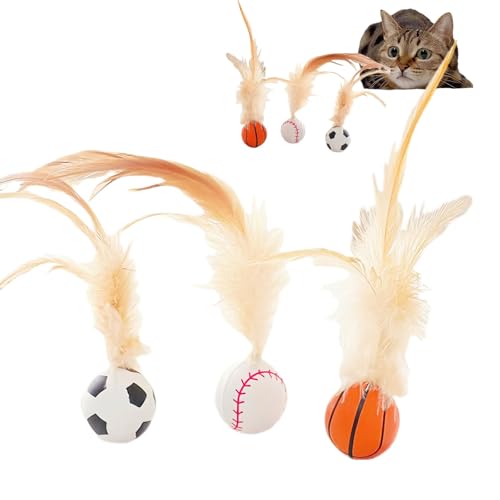 Cat Toys, 3PCS Bouncy Ball for Indoor Cats, Elastic Rubber Ball with Feathers, Interactive Kitten Toys for Persian Cats, Fun Exercise and Play for Cat