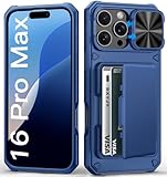 BXYJY for iPhone 16 Pro Max Case with Card Holder (4-5 Cards), Slide Camera Cover & Military Grade Protection, Shockproof Heavy Duty Rugged Women Men Wallet Phone Case for iPhone 16 Promax, Blue
