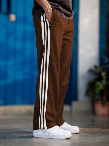 Image of Men's Track Pants with White Side Stripes | 4-Way Lycra Twill Polyester Straight Relaxed Fit Joggers | Mid-Rise Flexi Waist Lounge Bottoms
