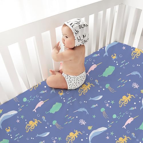 Image of Little Grape Land 4 Pack Baby Crib Sheets for Standard Crib Mattress,52x28 | Super Soft & Breathable,Perfect Fit,Ultra-Soft Fabric,Charming Design,Easy Care,Whale /Shell Blue /Ocean /Navy