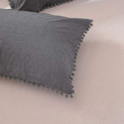 Softta Pom Pom Bedding Set Girls Boho Duvet Cover Grey Full 3 Pcs Ruffle Pom-Fringe Pompoms Bohemian Bedding 100% Washed Cotton Teen Bed Cover - Thumbnail 5