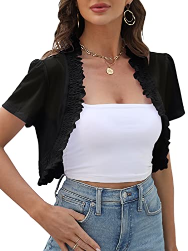 Afvetut Women's Petals Edges Open Front Shrug Short Sleeve Ruffled Tie Cardigan Chiffon Sheer Bolero Shrug Black #TOP6