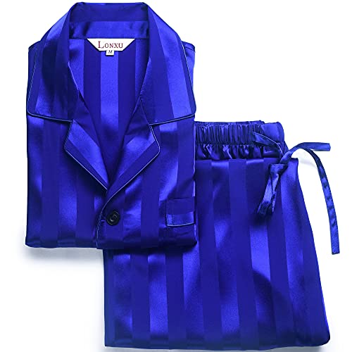 Image of Lonxu Pajamas Set Mens Silk Satin Pajamas Long Sleeve Loungewear Two-Piece Sleepwear Button-Down Pj Set S-XXXXL