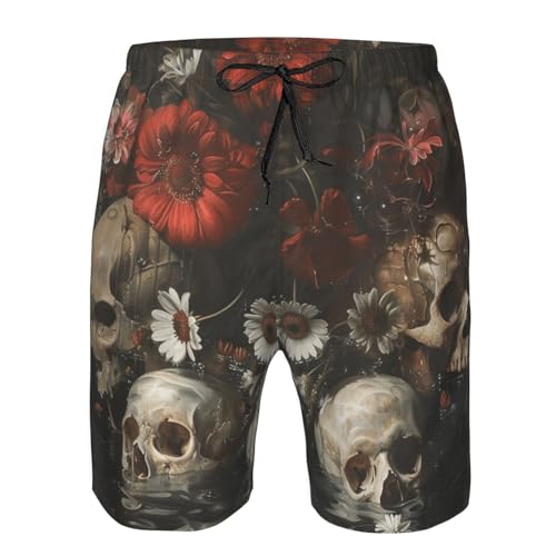 Men's Quick Dry Swim Shorts Skulls and Flowers Baroque Style Oil Painting Beach Trunks with Pockets3