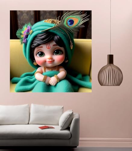 Image of Akki Wold Baby Green Krishna In Green Blanket Wall Poster For Living Room, Office, Pooja Room (Size - 41CM X 41CM)