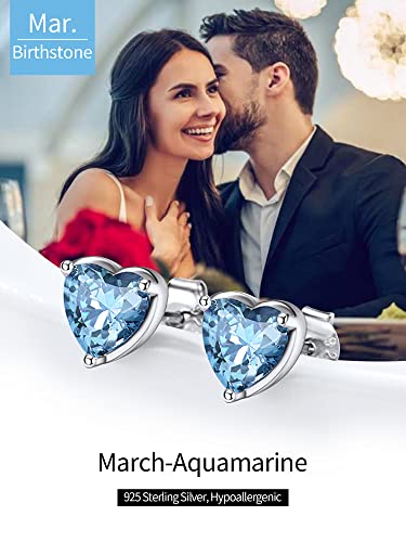 Heart Earrings Hypoallergenic 925 Sterling Silver Ocean Blue Crystal Aquamarine Topaz March Birthstone Gem Stone Stud Earrings For Women Sensitive Ears #TOP3