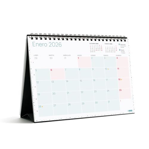 Miquelrius - Calendário 2026 mesa Lovely, organizador anual A5: 210 x 148,5 mm, espaço para anotar, planeador de 12 meses, espiral dupla, espanhol, inclui adesivos, cores pastel