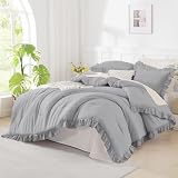 Andency Silver Gray Comforter Set California King Size, 3 Pieces Vintage Shabby Ruffle Bedding Comforter Sets for Cal King Bed, Lightweight Fluffy Soft Polyester Farmhouse Comforter Set