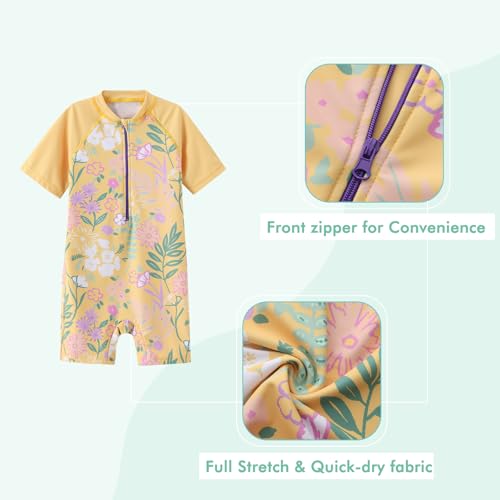 Image of Girls Short Sleeve Rash Guard One Piece Swimsuits Zipper Front Bathing Suit Sun Protection 3-16 Years