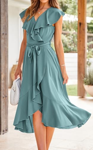 Image of PRETTYGARDEN Women's 2023 Summer Wrap Maxi Dress Casual Boho Deep V Neck Short Sleeve Ruffle Hem Split Beach Long Dresses