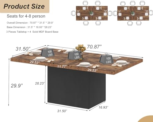 Image of HSH 71 inch Rustic Brown Dining Table for 6-8, Rectangle Wood Dining Room Table | Large Kitchen Table with a Sturdy Pedestal Base, Seats 6-8, Ideal for Family Meals and Gatherings, Table Only