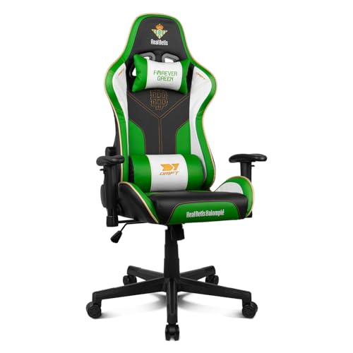 DRIFT GAMING Betis Edition – Silla Gaming Oficial Real Betis Balompié, Estructura Metal, Reposabrazos 2D Acolchados, Pistón Gas Clase 4, Cojines Lumbar y Cervical, Verde/Blanco