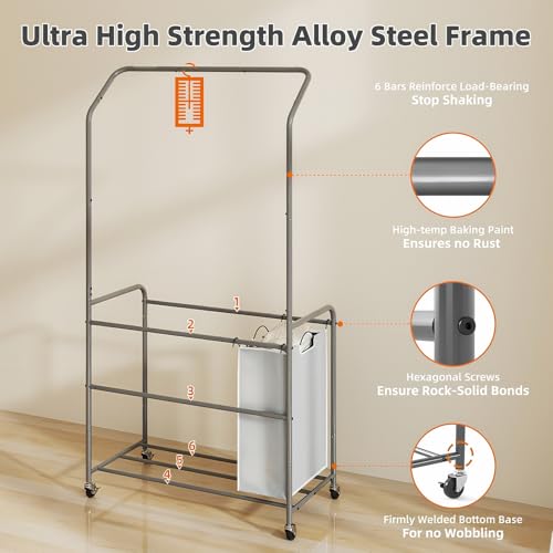 ROMOON Laundry Hamper Sorter Cart: 4 Section Organizer with Hanging Bar and Heavy-duty Lockable Wheels | 180L Rolling Laundry Basket with Clothes Rack in Laundry Room or Small Spaces (Grey) by ROMOON - Image 3