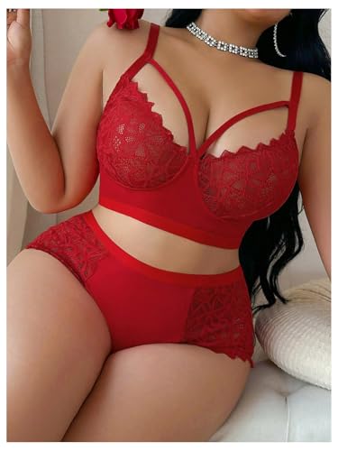 Image of MakeMeChic Women's Plus Size Lingerie Sets Contrast Lace Cut Out Wireless Bra and Panty Set