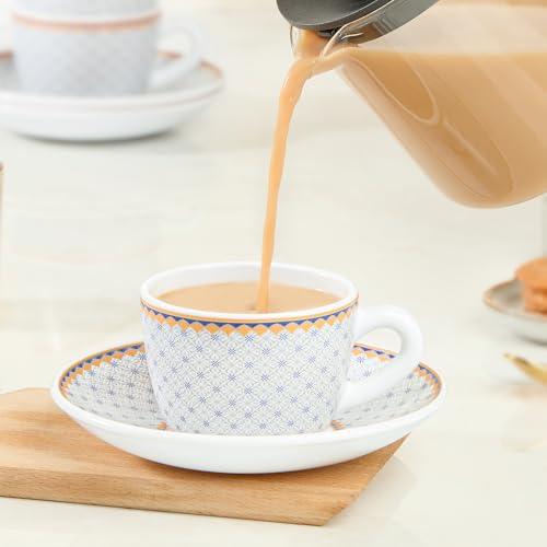 Image of Larah by BOROSIL Premia Series Kosmia 12pc Opalware Tea /Coffee Cup & Saucer Set (140ml Each) | Embossed Design, Microwave & Dishwasher Safe | Crockery Set Ideal for Daily Use & Gifting, White