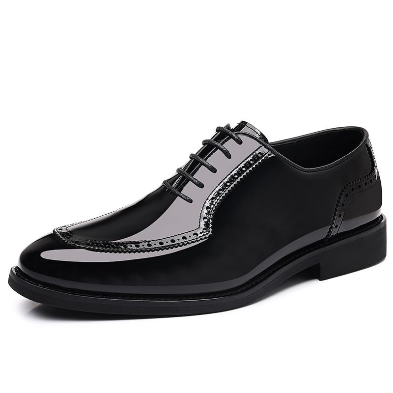 Men's Dress Casual Retro Pointed-Toe Fashion Shoes Business Formal Derby Oxford Lace-Up Patent Leather Shoes