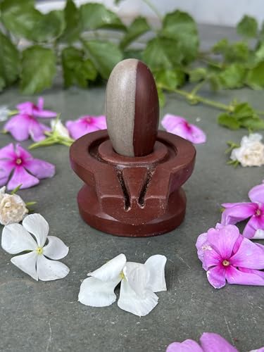 Image of Shivam VASTU AKAL 1.5 inch Original Narmadeshwar Narmada Shivling with 3 inch Narmada Stone Yoni Base Jaladhari (Ardhanarishwar Shivling, Brown Damru Jaladhari)