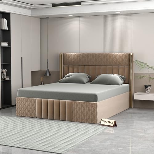 CRAFTJAR Wooden Modern Upholstered King Size Bed for Bedroom | Wooden Double Bed with Box Storage | Platform Cot Upholstered Bed with Upholstery Fabric | Engineered Wood | 6.5 x 6 Ft | Beige