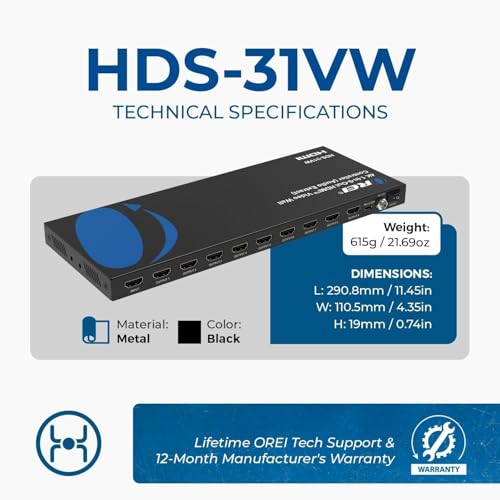 OREI 4K 3x3 HDMI Video Wall Controller Processor Display Upto 1080p Output - 2x2, 1x2, 1x4, 1x3, 2x3, 3x2, 2x4, 4x2 Supports 180 Degree Rotate RS-232 Audio Extraction (HDS-31VW) by OREI - Image 5