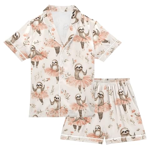 ALAZA Dancing Sloth Flower Blossom Satin Pajamas Set Short Sleeve Button Down Sleepwear Summer Pjs 2 Piece