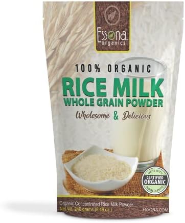 Raw Organic Rice Milk Powder from Essona Organics. Convenient re-sealable pouch. Now Larger Size 240 grams. New Package.