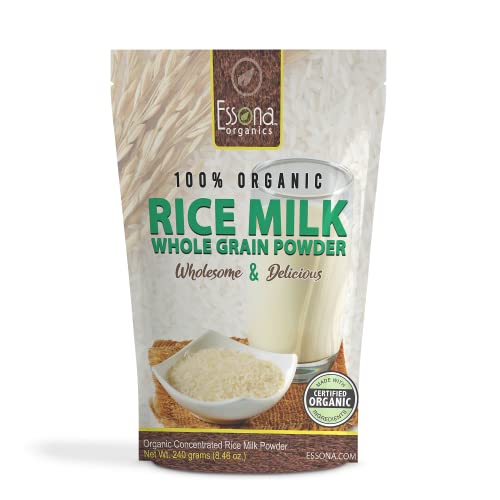 Raw Organic Rice Milk Powder from Essona Organics. Convenient re-sealable pouch. Now Larger Size 240 grams. New Package.