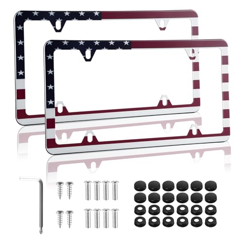 alpmosn 2PCS Stainless Steel License Plate Frames, 4 Holes Car Licence Plate Covers with Screws Washers and Caps, Car Exterior Accessories, License Plate Holder for US Vehicles (Red Flag)