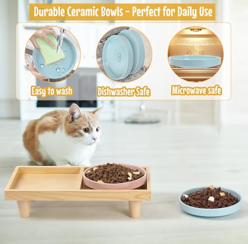 Katzennapf Flach Keramik mit Holzständer, Erhöhte Futterstation Tisch mit 2 Keramiknäpfe, Futternapf Katze Schalen-Durchmesser 16 cm
