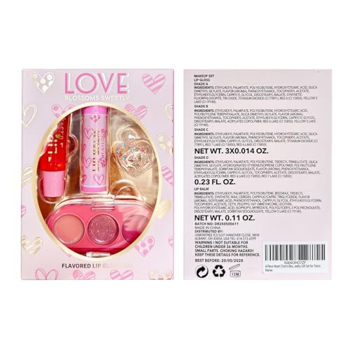 iBi Makeup 4-Piece Heart Charm Beauty Bundle - Squeeze Gloss and Lip Care and Make up Set for Girls, Unicorn Jewelry Gift Set for Teens