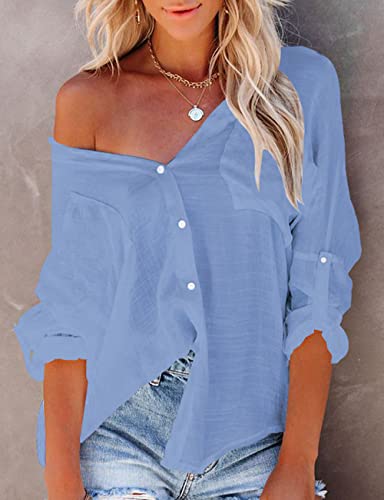 Image of Bsubseach Women Button Down Beach Shirt Long Sleeve Swimsuit Cover Up | Bathing Suit CoverUps Basic Lightweight Staple, Roll-Up Adjustable Sleeves, Drop Shoulder Oversized Blouses