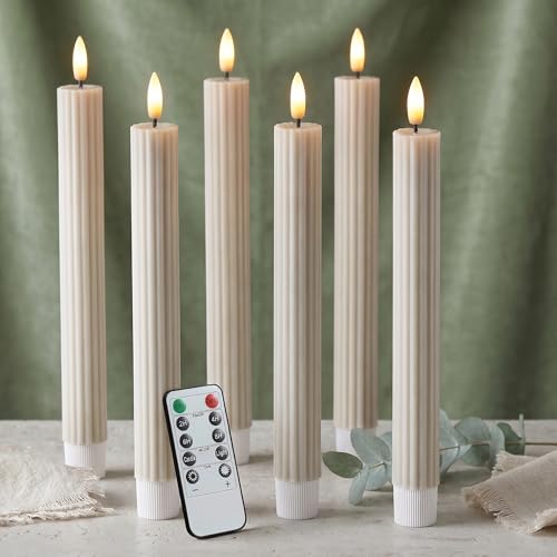 WYZworks 10" Fluted Ribbed LED Cream Beige Grooved Real Wax Taper Candles, Remote & 24h Timer Memory, On/Off Switch - Flameless Dimmable Battery Operated w/Flicker Mode, Home Wedding Decor (6 Pack)