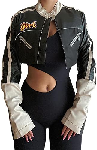 Women's Crop Baseball Jacket Casual Retro Varsity Coat Letters Embroidery Pattern Button-down Baggy Bomber Jacket (Super Short, Small)