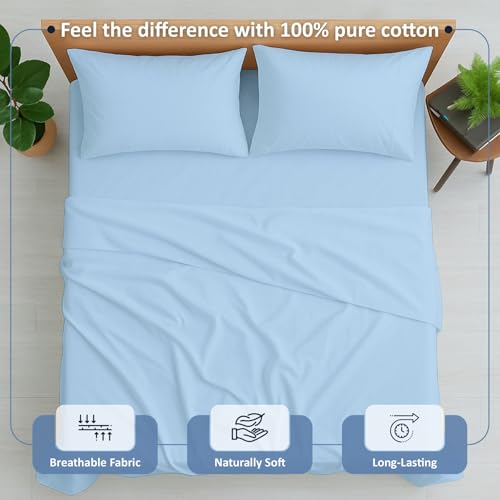 Cottington Lane 100% Cotton Full Sheet Set, 4 Piece Sky Blue Luxury Hotel Quality Sheets, Deep Pocket Fits 8-16 Inch Mattress, Breathable, Durable, Cooling Sheets with Smooth Satin Weave by Cottington Lane - Used condition - Image 2