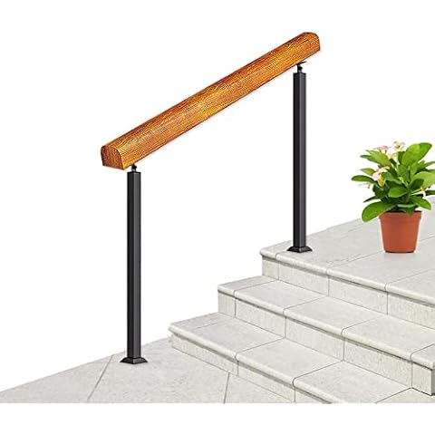 XIAOJIE Wrought Iron Stair Railing for Indoor or Outdoor, Fits 2 or 3 Steps Adjustable Front Porch Wooden Handrail, Safety Non-Slip Hand Rail for Staircase Loft Villa Corridor Garden,with Post Cover