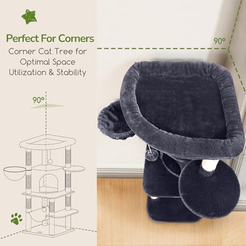 Image of Globlazer Corner Cat Tree Tower for Indoor Cats, 51in Multi-Level Cat Condo Tower with Large Hammock, 7 Sisal Scratching Posts, Oversized Top Perch, Spacious Cat Cave, Hanging Basket, C51, Dark Grey