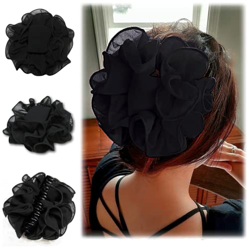 Ladiesway Large Chiffon Claw Clip Hair Bow | Large Size Black Fabric Ribbon Flower Rose | Claw Jaw Clamps Clips Accessories for Women & Girls Thick or Fine Hair