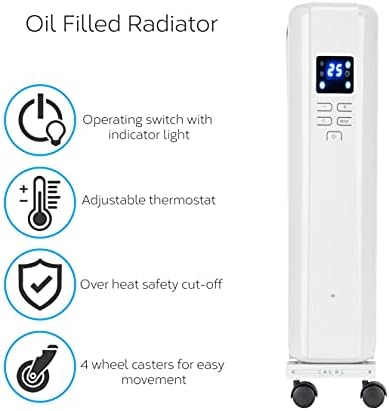 MONHOUSE 2500W Digital Oil Filled Radiator - Portable Electric Heater with LED Display, Built In Timer & Adjustable Thermostat, Remote Control, Overheat Safety Cut Off and Tip Over Switch - White