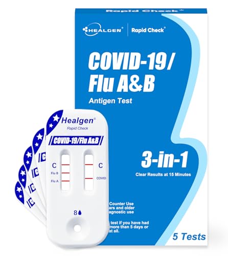 Healgen Rapid Check COVID-19, Flu A&B Antigen Test Kit, The First FDA Authorized OTC 3-in-1 Flu & COVID Home Test, Easy to Read Dual Windows, Results in 15 Mins, 5 Test