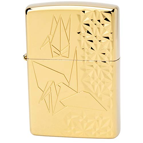 ZIPPO ライター ゴールド 和柄 片面彫刻 チタンコーティング 折り鶴 高さ5.5cm×幅3.8cm×奥行き1.3cm