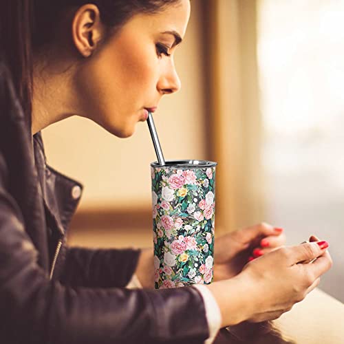 Ceovfoi Floral Tumbler With Lid And Straw Floral Mug Flower Travel Coffee Cup 20 Oz Rose Plant Double Wall Insulated Tumbler Water Bottle Floral Gifts For Birthday Christmas #TOP4