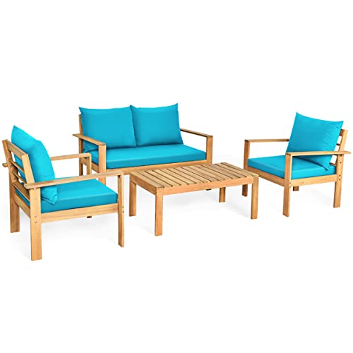 Tangkula Outdoor 4-Piece Acacia Wood Chat Set, 4 Seater Acacia Wood Conversation Sofa and Table Set with Water Resistant Cushions, Teak Finished (1, Turquoise)