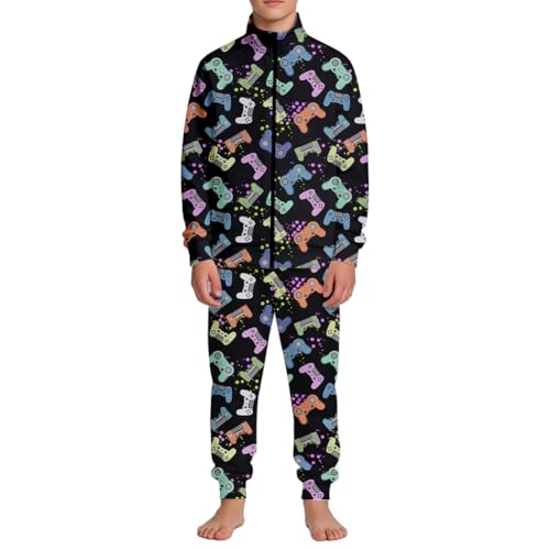 Image of SQPO Girls' Boys' Two-Piece Sportswear Retro Gamer Controller Zippered Lapel Long-Sleeved Jacket And Sweatpants Kids Set XX-Large 170