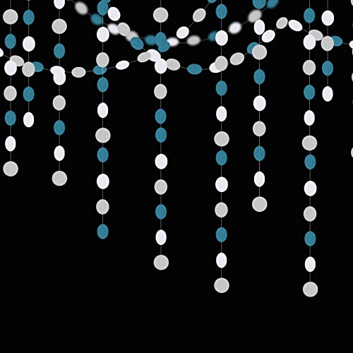 Image of Teal-Turquoise White-Silver Party-Decorations Garland Streamers - 52Ft Woman Girl Frozen Birthday Paper Banner,Graduation Wedding Bachelorette Engagement Bridal Baby Shower Backdrop Decor Panduola