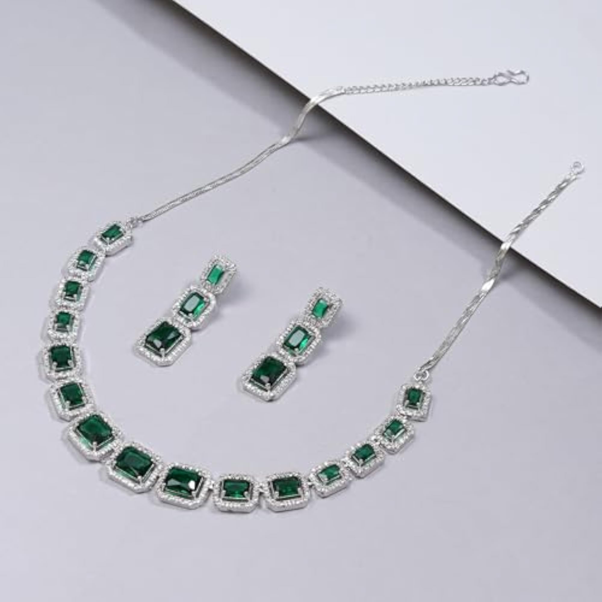 Green American Diamond Necklace Set with Earrings, Stylish Gift