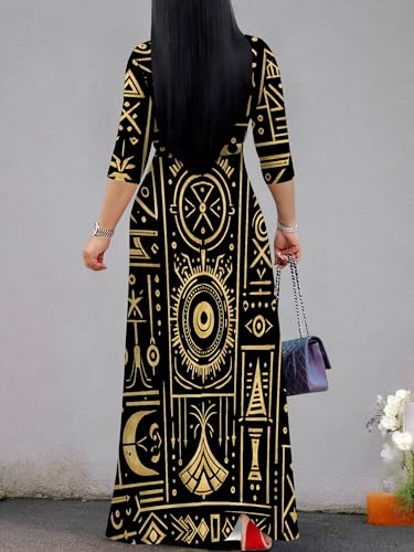 Image of PinkPatty Plus Size Maxi Dress for Women Casual V Neck 3 /4 Sleeve Boho Printed Long Dress with Pockets