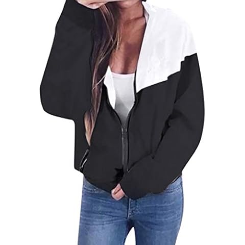 TUDUZ Women's Contrast Panel Hooded Windbreaker Jacket Ladies Zip Coat Top Long Sleeve(Black 3,XL) Cover