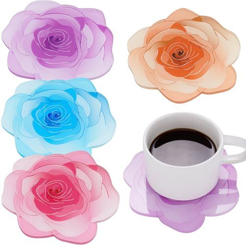 NiHome 4 Rose Shaped Acrylic Drink Coasters, Heat Resistant Floral Mat Set