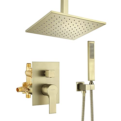 Brass Ceiling Mount Shower System, SHAMANDA Bathroom Rainfall Shower Faucet Combo Set with 10-Inch Fixed Shower Head and Hand Shower, Brushed Gold (Including Rough-In Valve Body and Trim), LCM702-3
