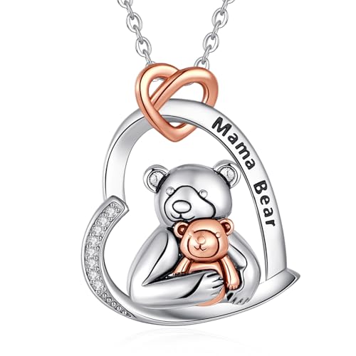 INFUSEU Collar para Madre E Hija, Collar Corazón Familiar Colgante Animal De Plata De Ley 925 Madre Oso y Niño Joyería Moda para Día De La Madre Mama Bear Original Regalo para para Mama Abuela Tía